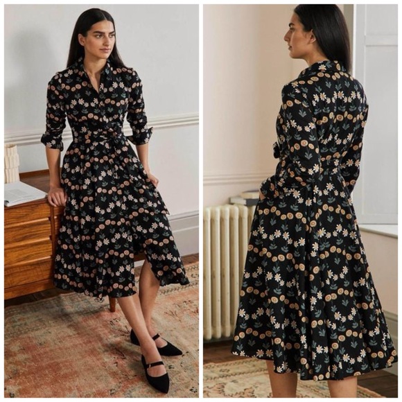 Boden Dresses & Skirts - Boden Kitty Midi Shirt Dress  in Black with Delicate Daisy Flowers